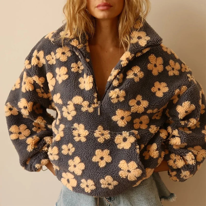 Flower Sherpa Zip Pullover