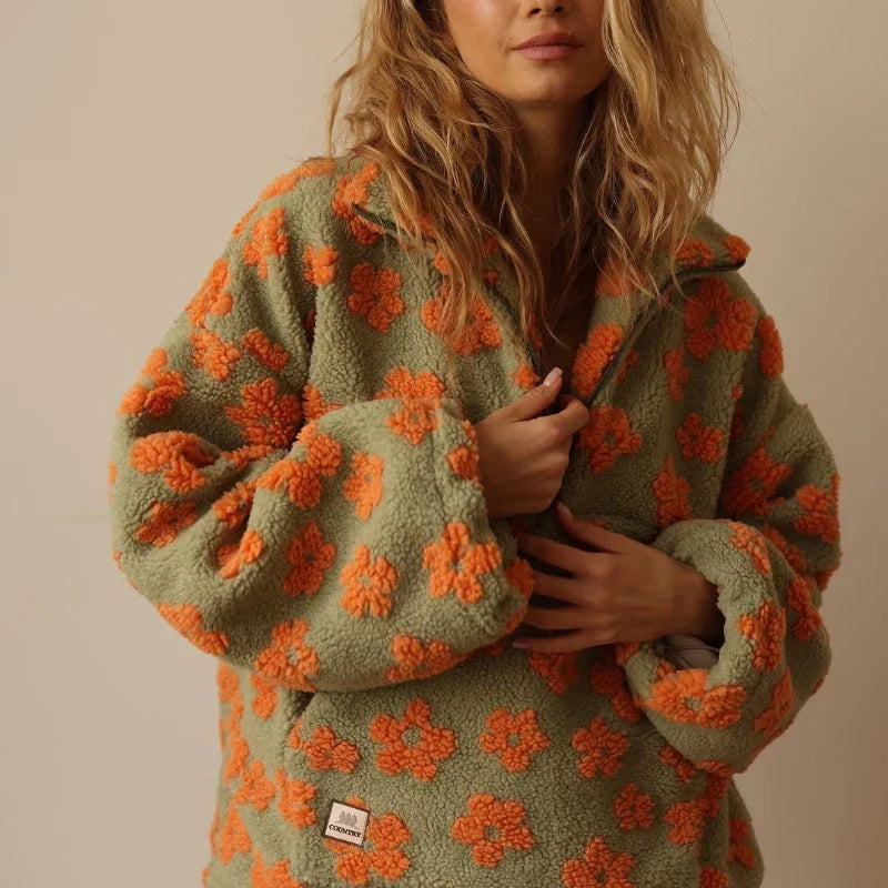 Flower Sherpa Zip Pullover