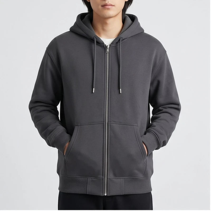 Model wearing Fleece-Lined Zip Hoodie Fleece-Lined Zip Hoodie in studio